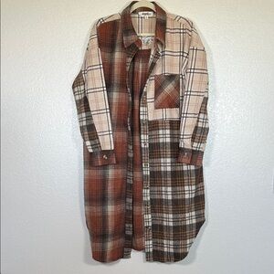 Brown and cream long plaid shacket, size small